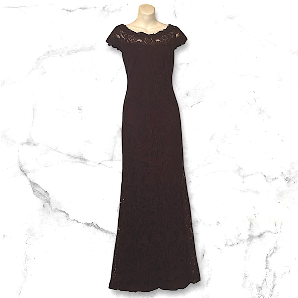 Tadashi Shoji Purple Eggplant Dark Plum Lace Long Maxi Formal Dress Gown Sz 4